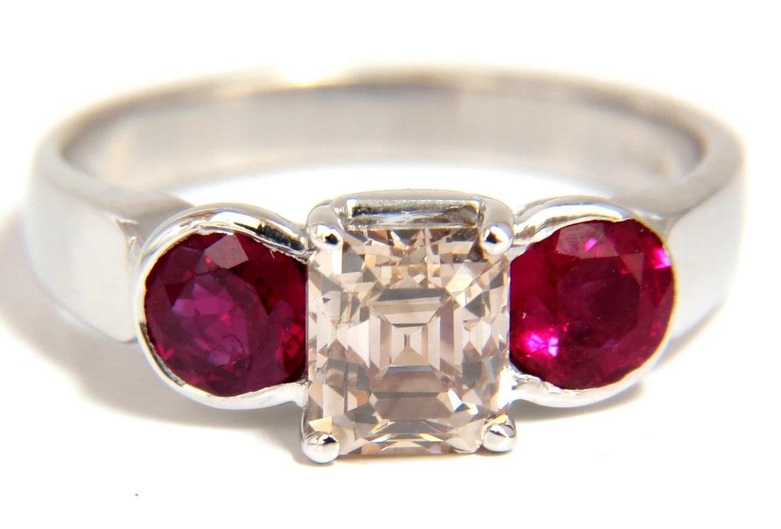 2.46CT Natural fancy color light brown diamond ruby ring 18kt. Three Stone *v: Title: 2.46CT Natural fancy color light brown diamond ruby ring 18kt. Three Stone *v Description: 1.30ct. Asscher cut / Natural Fancy light brown diamond ring. (VS) Clean Clarity 6.2 X 5.3mm 1.16ct si