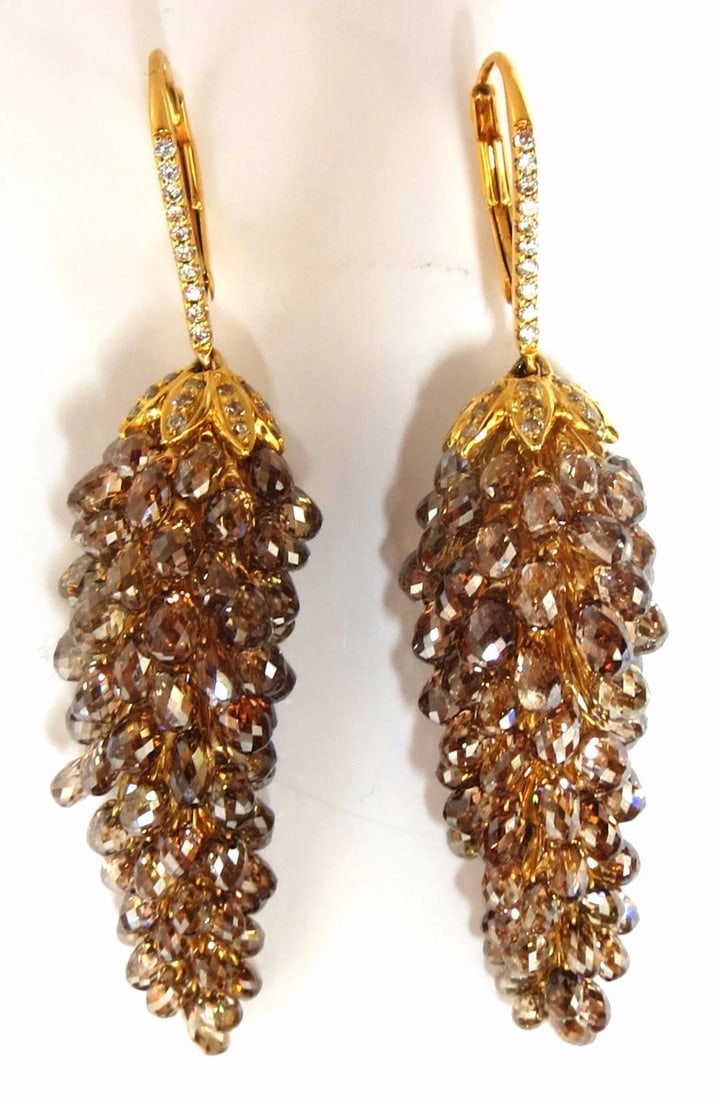 60.15ct Natural Fancy color briolette diamond dangle earrings 18kt**: Title: 60.15ct Natural Fancy color briolette diamond dangle earrings 18kt** Description: Floating Grapevine Fancy Diamonds Briolette Earrings 60cts of Rose Cut / Briolette diamonds: Fancy Brown Cinnam