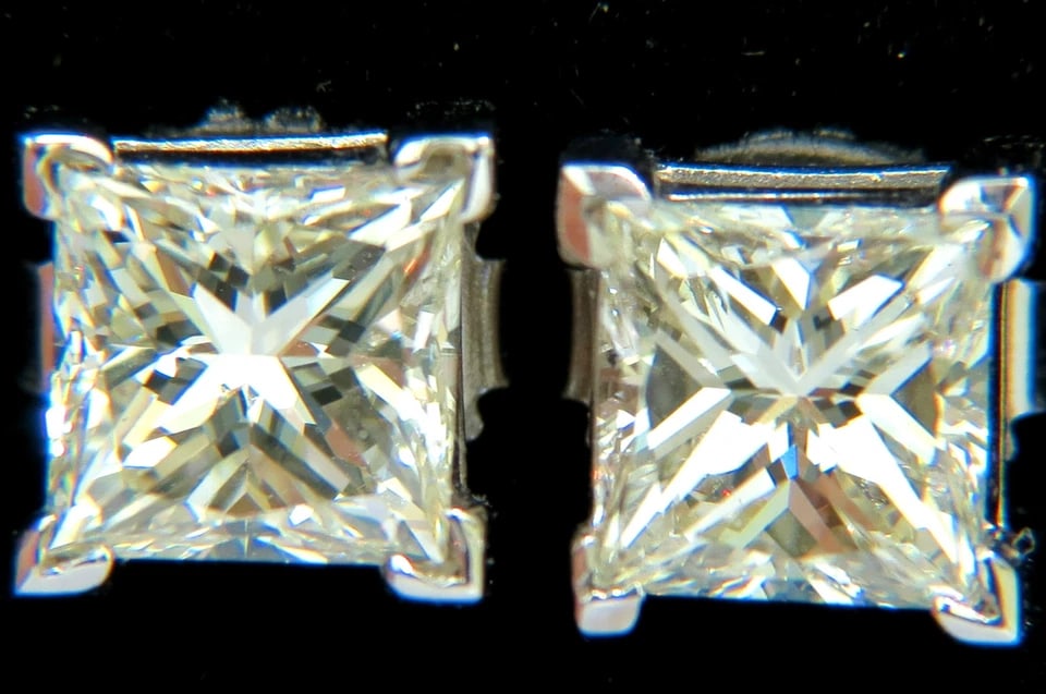 2.00CT NATURAL PRINCESS CUT DIAMOND STUD EARRINGS J/SI-1 14KT** (1 of 7)