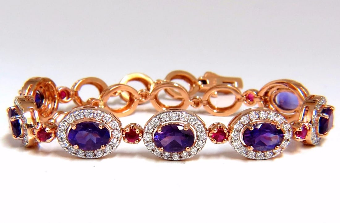 6.46ct natural amethyst ruby diamonds halo bracelet 14kt gold *v: Title: 6.46ct natural amethyst ruby diamonds halo bracelet 14kt gold *v Description: MAGNIFICENT JEWELS Amethyst diamond halo tennis bracelet 4.50ct. Natural Amethysts Vs clean clear clarity. Each ran