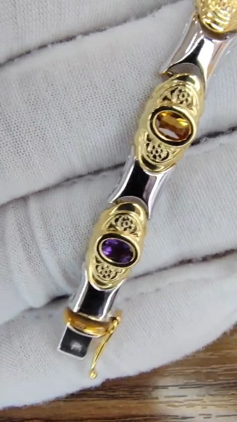 NATURAL PERIDOT CITRINE AMETHYST AQUAMARINE & GARNET BRACELET 14KT *v - 3