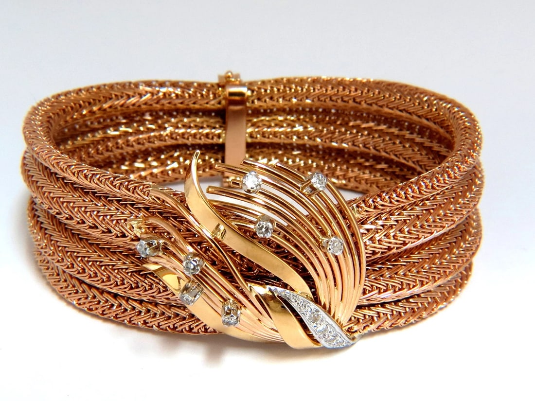 Vintage Argentina Republic 18kt Flex Mesh Tubular .50ct. Diamonds Bracelet *v: Title: Vintage Argentina Republic 18kt Flex Mesh Tubular .50ct. Diamonds Bracelet *v Description: Argentina Republic. Tubular "Mesh" Flex wide bracelet. .50ct. Natural diamonds/ Round, full cuts, G co