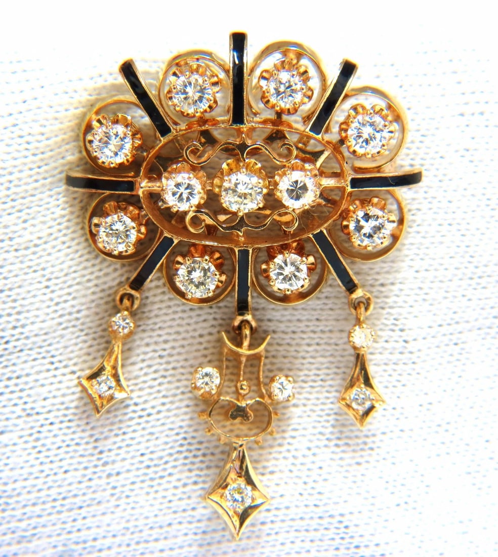 1.50ct diamonds tassel 1960's pendant brooch pin 14kt**: Title: 1.50ct diamonds tassel 1960's pendant brooch pin 14kt** Description: 1960's Victorian Medallion Enamel Pendant Brooch 1.50ct. natural diamonds Round, brilliant. G/H color & Vs-2 clarity. 14kt y