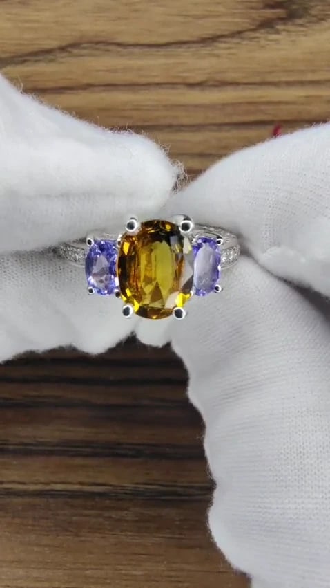 3.68CT NATURAL FANCY VIVID YELLOW BROWN SAPPHIRE TANZANITE DIAMONDS RING 14KT *v - 3