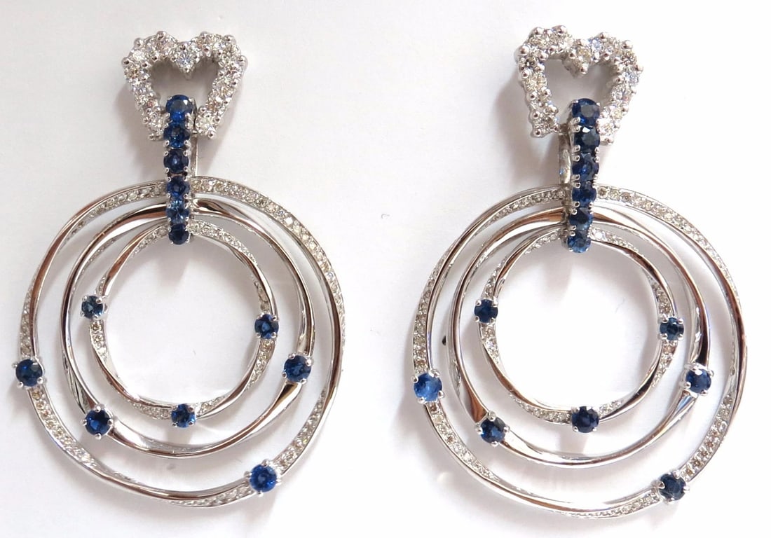 6.00ct Natural Diamonds Sapphire 3 Tier Dangle earrings 14kt gold Heart**: Title: 6.00ct Natural Diamonds Sapphire 3 Tier Dangle earrings 14kt gold Heart** Description: Sapphire, Diamonds 3 tier Circular Dangle Earrings. 3.50ct natural royal blue sapphires round cut, clean