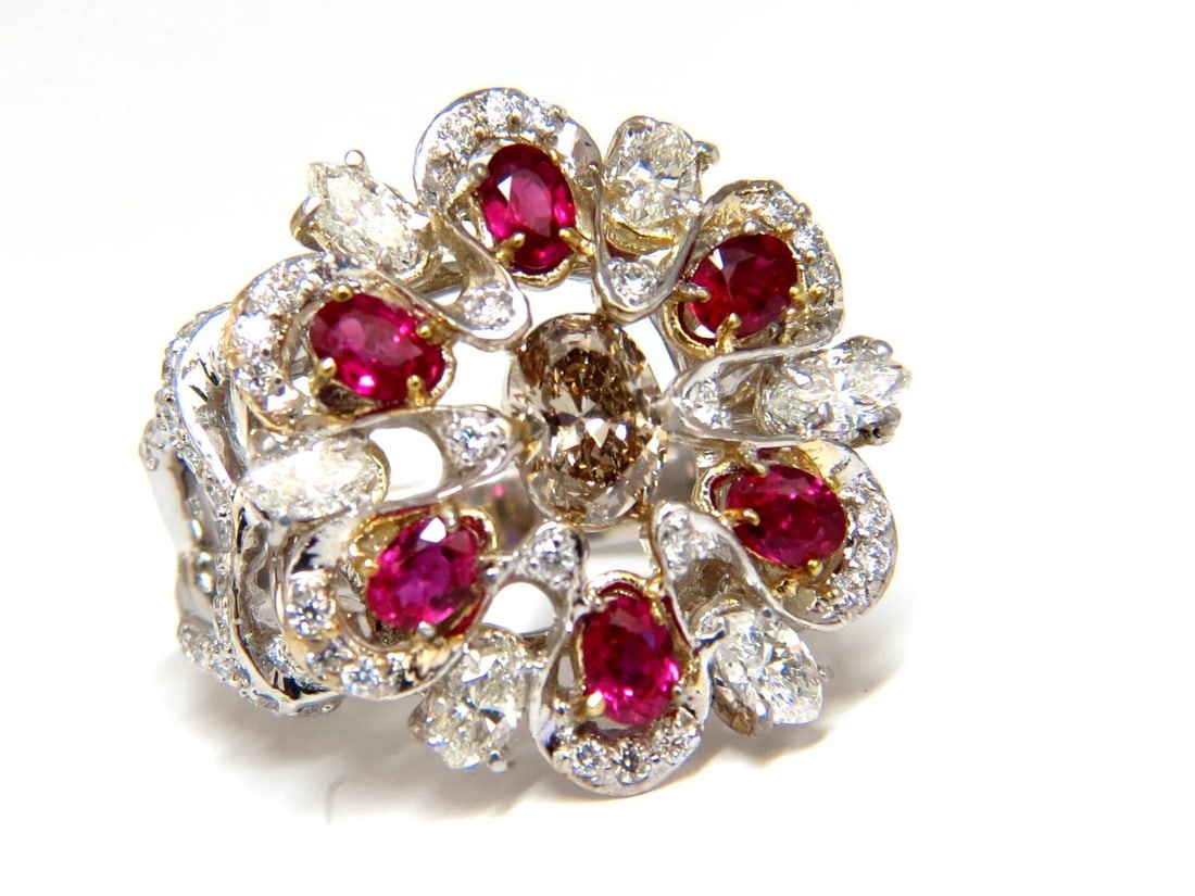 18kt Natural Fancy color Diamond Ruby Cocktail Cluster ring**: Title: 18kt Natural Fancy color Diamond Ruby Cocktail Cluster ring** Description: Sparkling Open Gilt Fancy color Oval cut Diamond ring. Natural Fancy Light Brown color Center diamond: .55ct. Oval