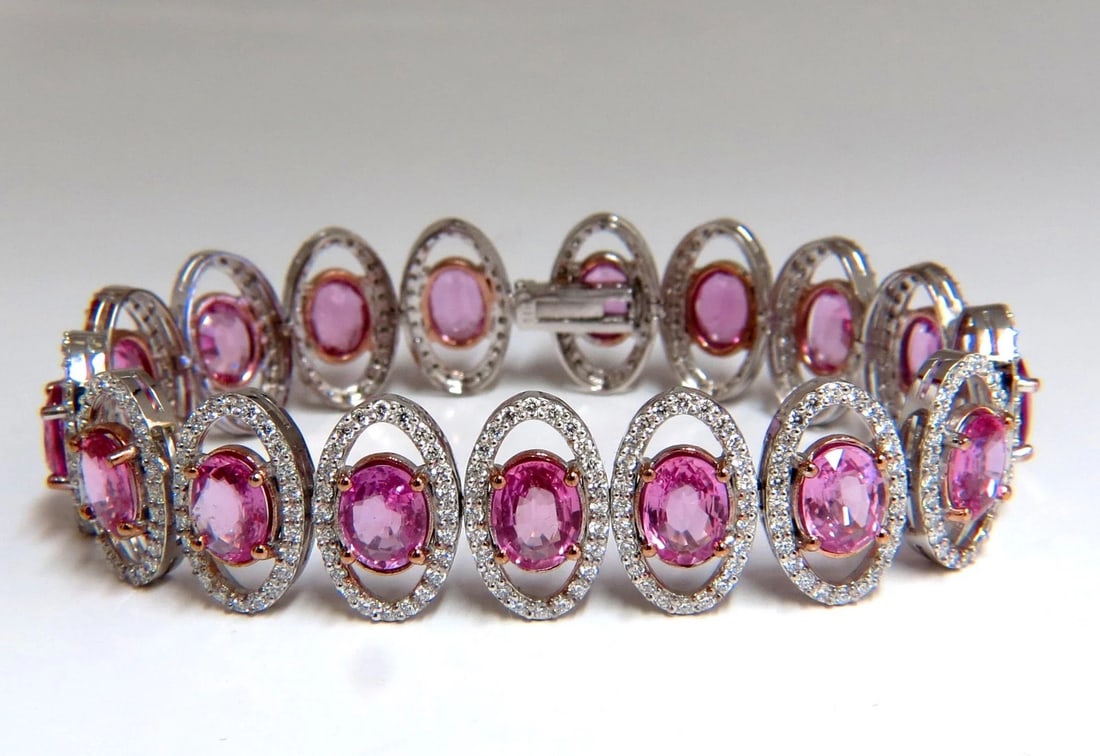 27.47ct natural Vivid Pink Sapphire diamond bracelet 14kt g/vs pink halo prime**: Title: 27.47ct natural Vivid Pink Sapphire diamond bracelet 14kt g/vs pink halo prime** Description: Posh Pinks & Halo. 23.35ct. Natural Pink Sapphires & 4.12ct Diamonds bracelet. Full Oval cuts,