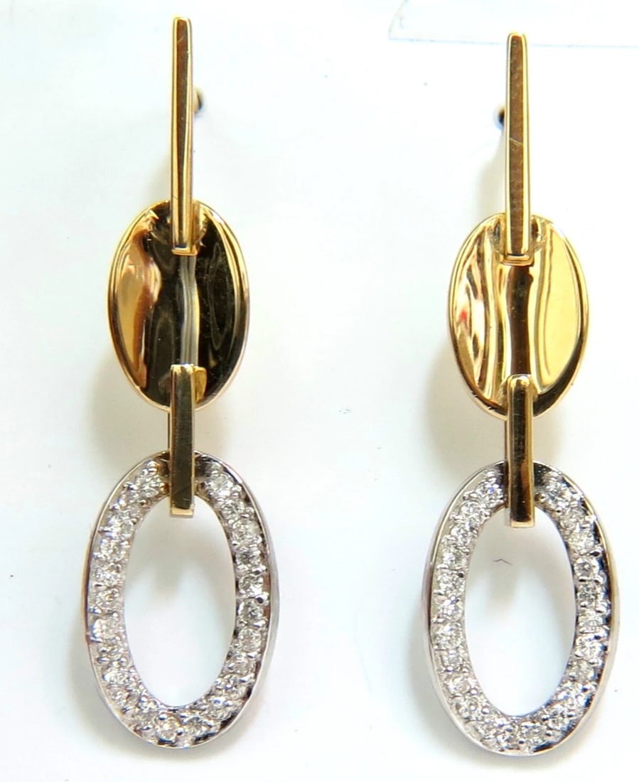 .40CT NATURAL DIAMONDS DANGLE EARRINGS 14KT GOLD MIRROR FINISH**: Title: .40CT NATURAL DIAMONDS DANGLE EARRINGS 14KT GOLD MIRROR FINISH** Description: ONLY MAGNIFICENT JEWELS Dangle Perfection! Two toned. .40ct. diamonds Rounds, full brilliant cuts Bead set, pave.