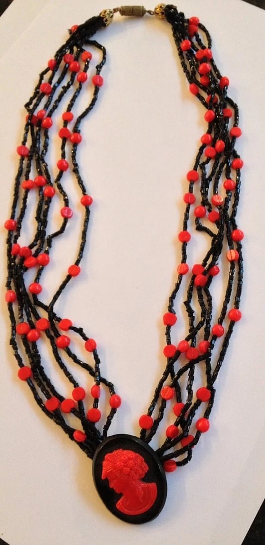 Multi Strand Red And Black French Jet Glass Bead Necklace W/ Cameo Pendant - 3