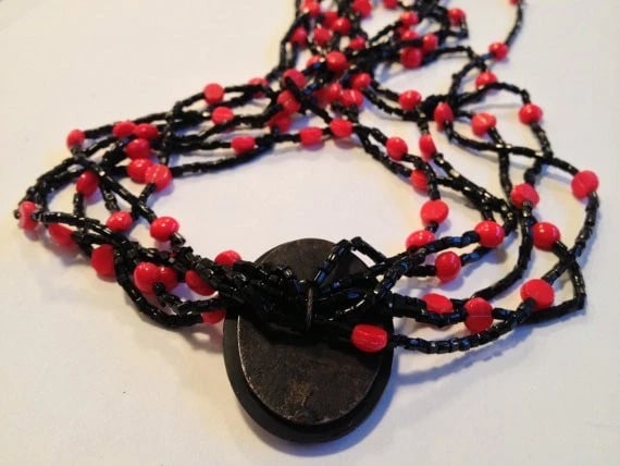 Multi Strand Red And Black French Jet Glass Bead Necklace W/ Cameo Pendant - 4