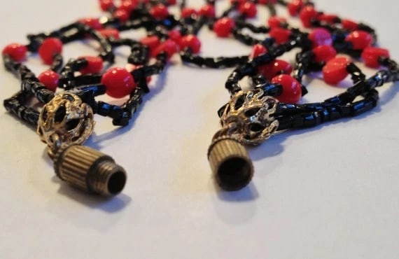 Multi Strand Red And Black French Jet Glass Bead Necklace W/ Cameo Pendant - 6