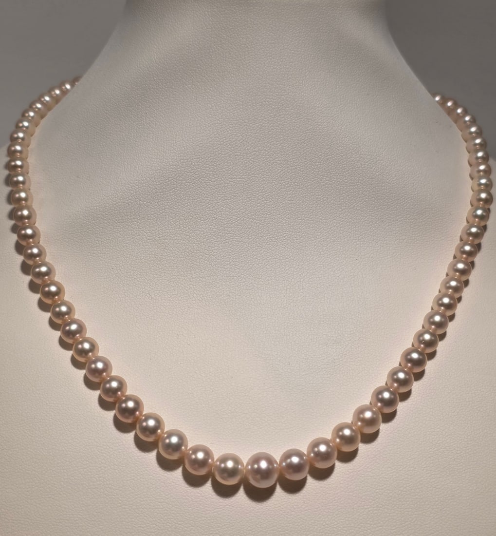 Peach Pink Pearl Necklace, 6 To 10 Mm, With 18kt (750) Yellow Gold Clasp (1 of 5)