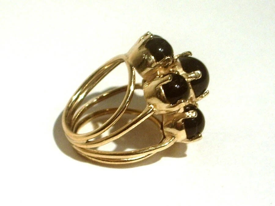 Sterling Silver 18 Kt Gold Vermeil Flower Cocktail Ring Black Onyx Cabochons - 3