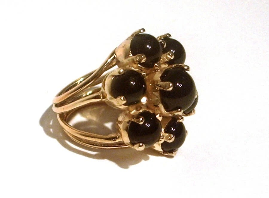 Sterling Silver 18 Kt Gold Vermeil Flower Cocktail Ring Black Onyx Cabochons - 4