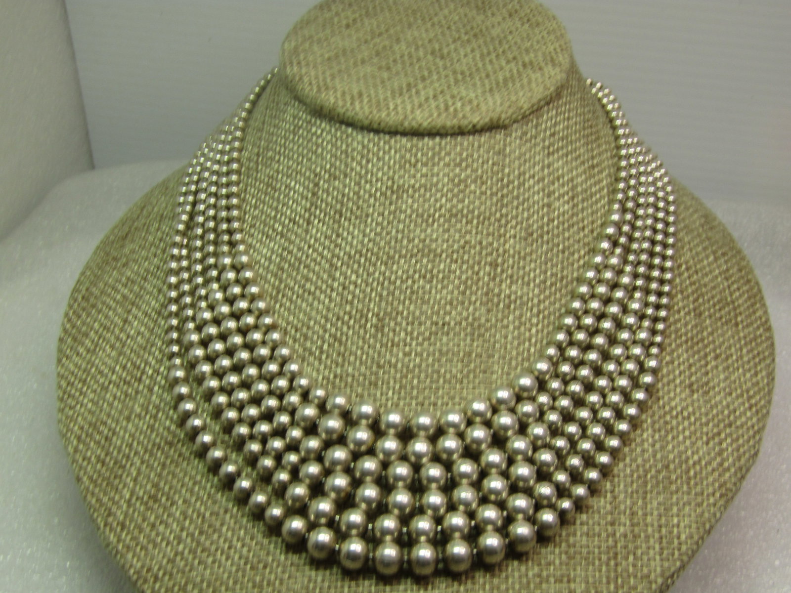 Vintage Sterling Silver Six Strand Necklace, Graduated Beads 17", 1980'S-1990'S, Toggle Clasp - 2