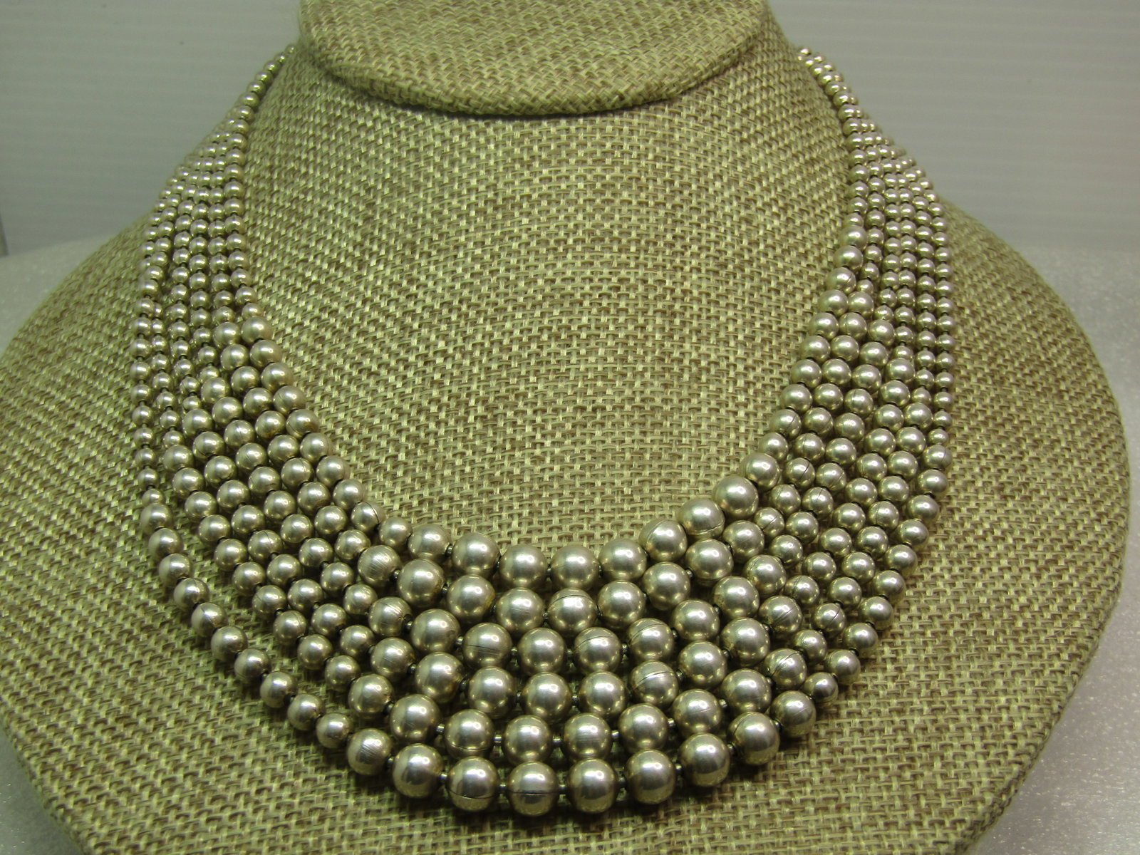 Vintage Sterling Silver Six Strand Necklace, Graduated Beads 17", 1980'S-1990'S, Toggle Clasp - 3