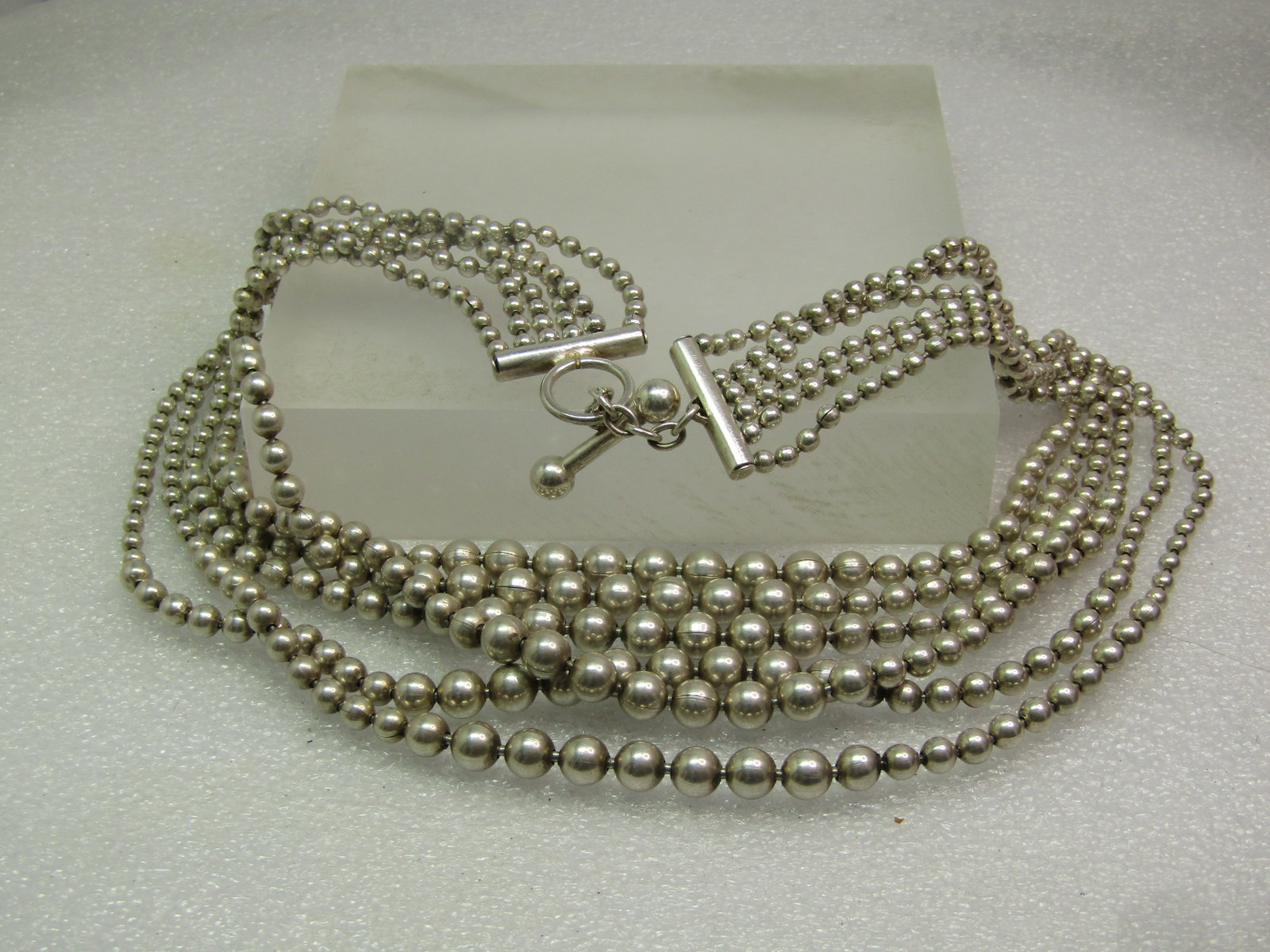 Vintage Sterling Silver Six Strand Necklace, Graduated Beads 17", 1980'S-1990'S, Toggle Clasp - 8