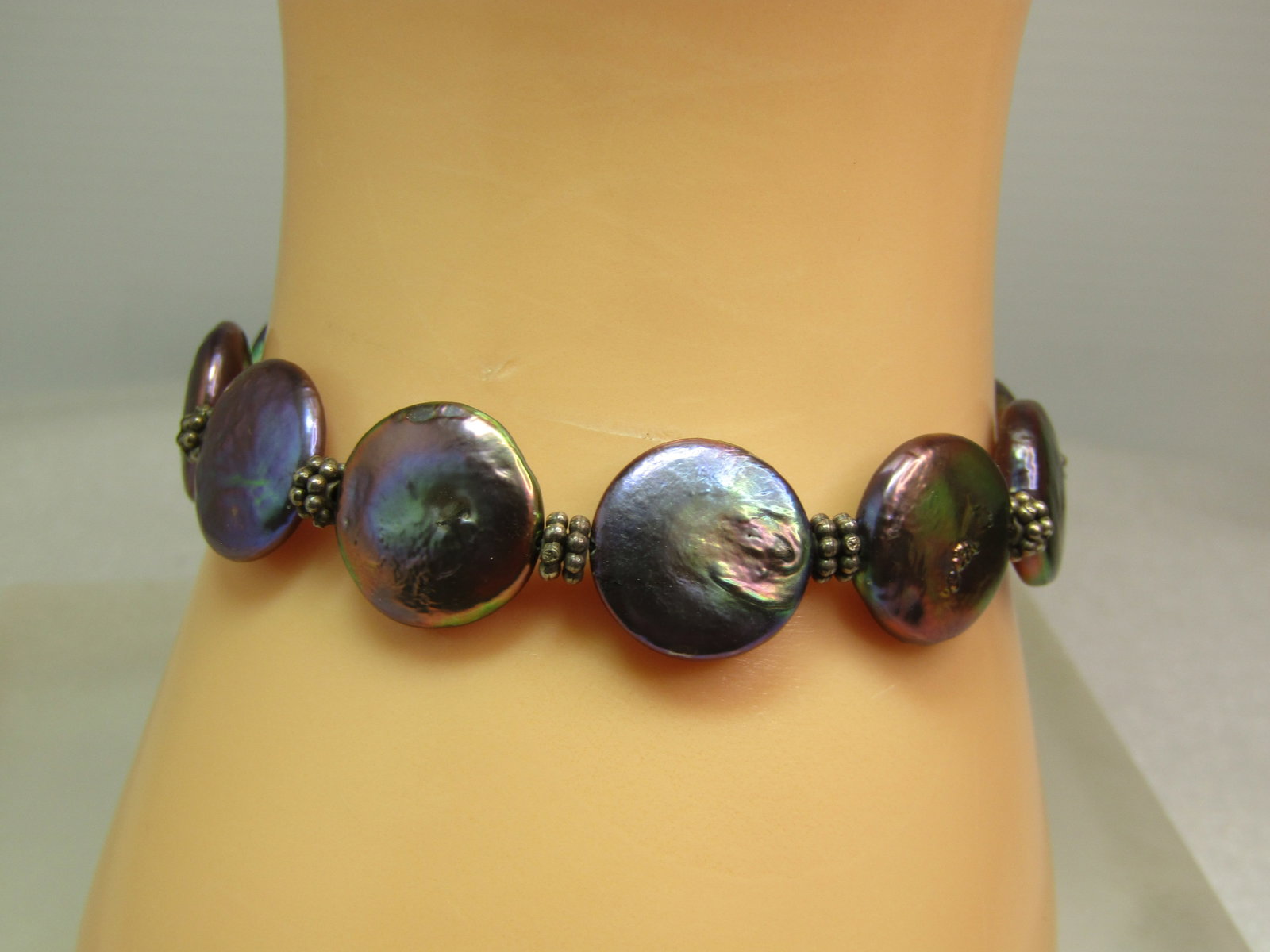 Sterling Freshwater Tahitian Coin Pearl Bracelet, Toggle Clasp, 7.25", 1990'S, Peacock Colored (1 of 5)