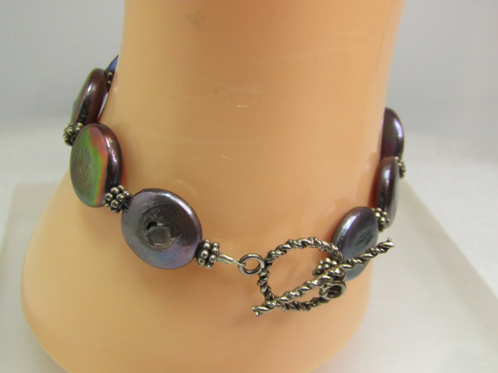 Sterling Freshwater Tahitian Coin Pearl Bracelet, Toggle Clasp, 7.25", 1990'S, Peacock Colored - 2