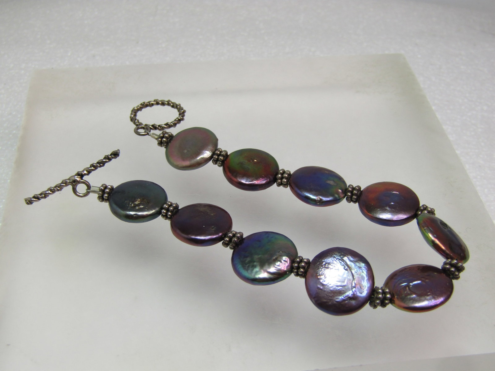 Sterling Freshwater Tahitian Coin Pearl Bracelet, Toggle Clasp, 7.25", 1990'S, Peacock Colored - 4