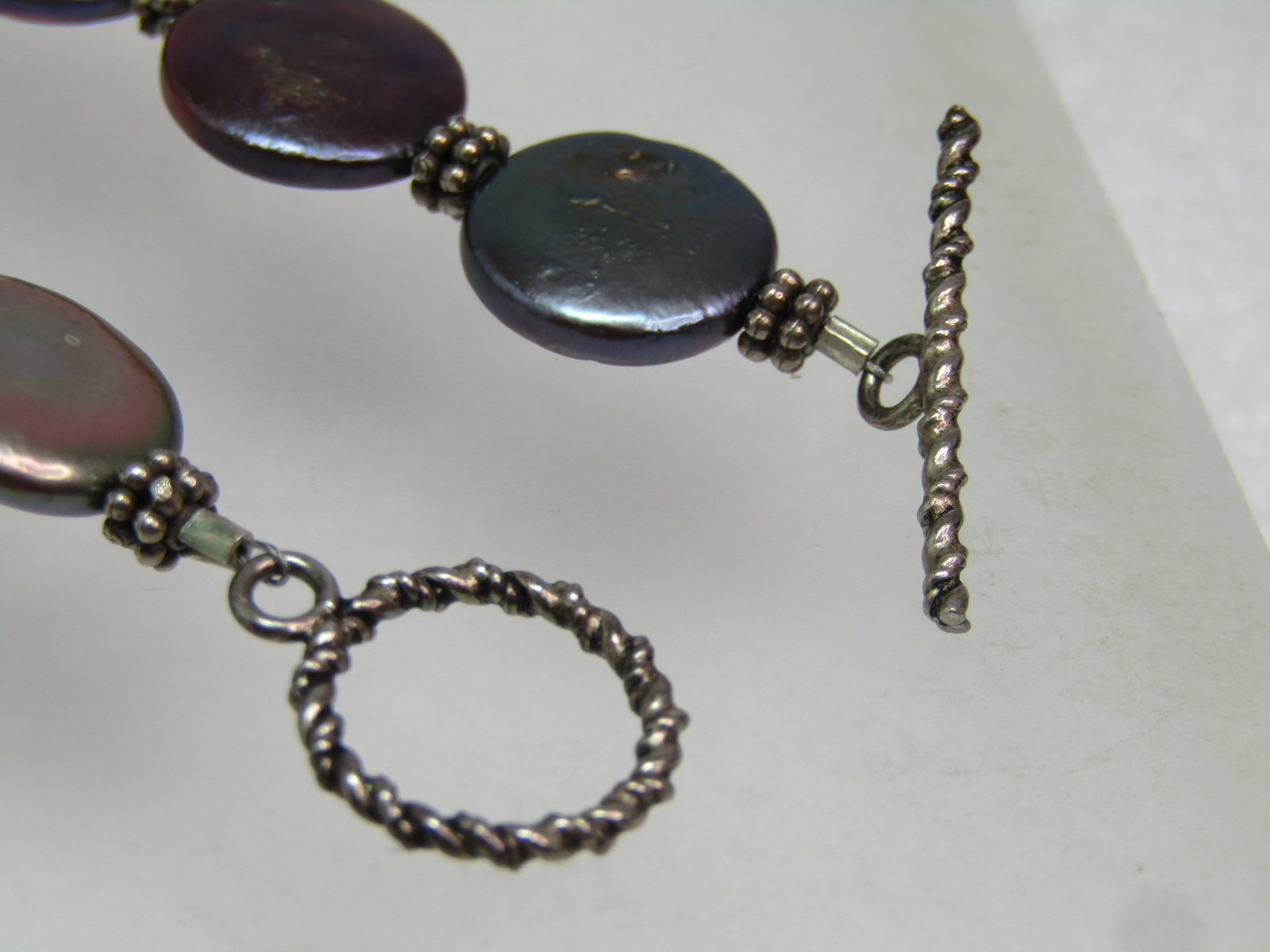 Sterling Freshwater Tahitian Coin Pearl Bracelet, Toggle Clasp, 7.25", 1990'S, Peacock Colored - 5