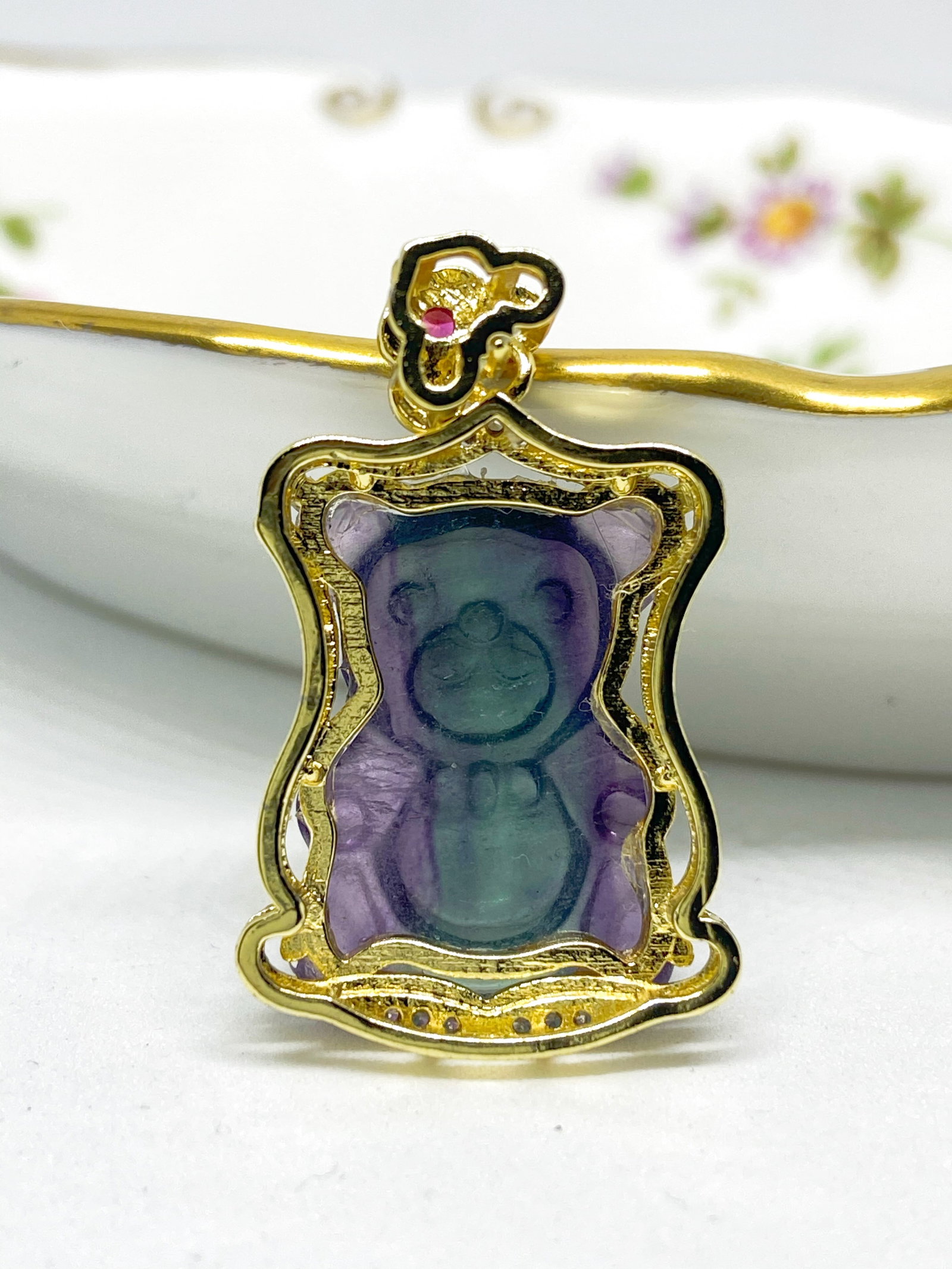 Natural Fluorite Carved Teddy Bear Pendant - 2