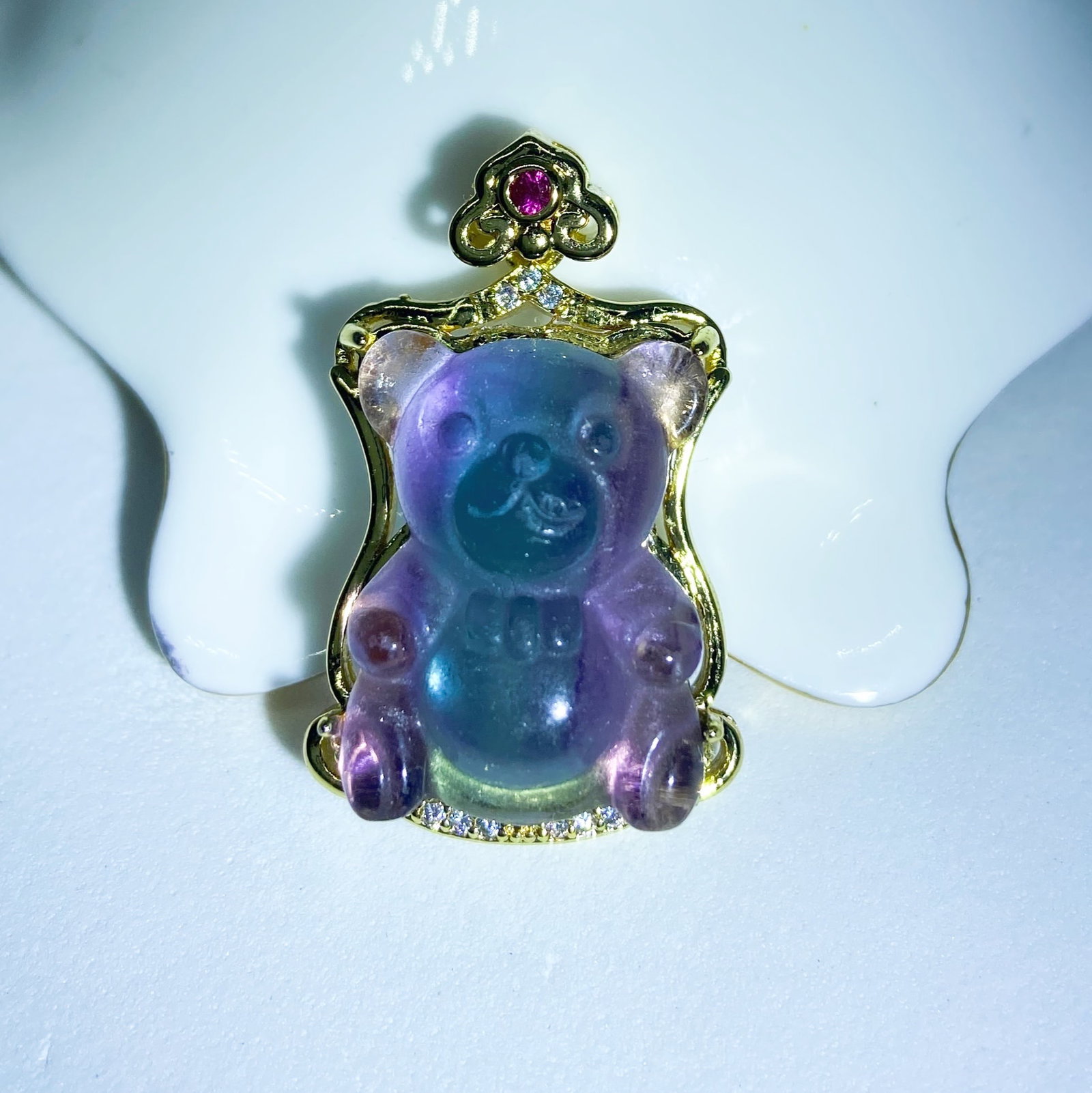 Natural Fluorite Carved Teddy Bear Pendant - 4