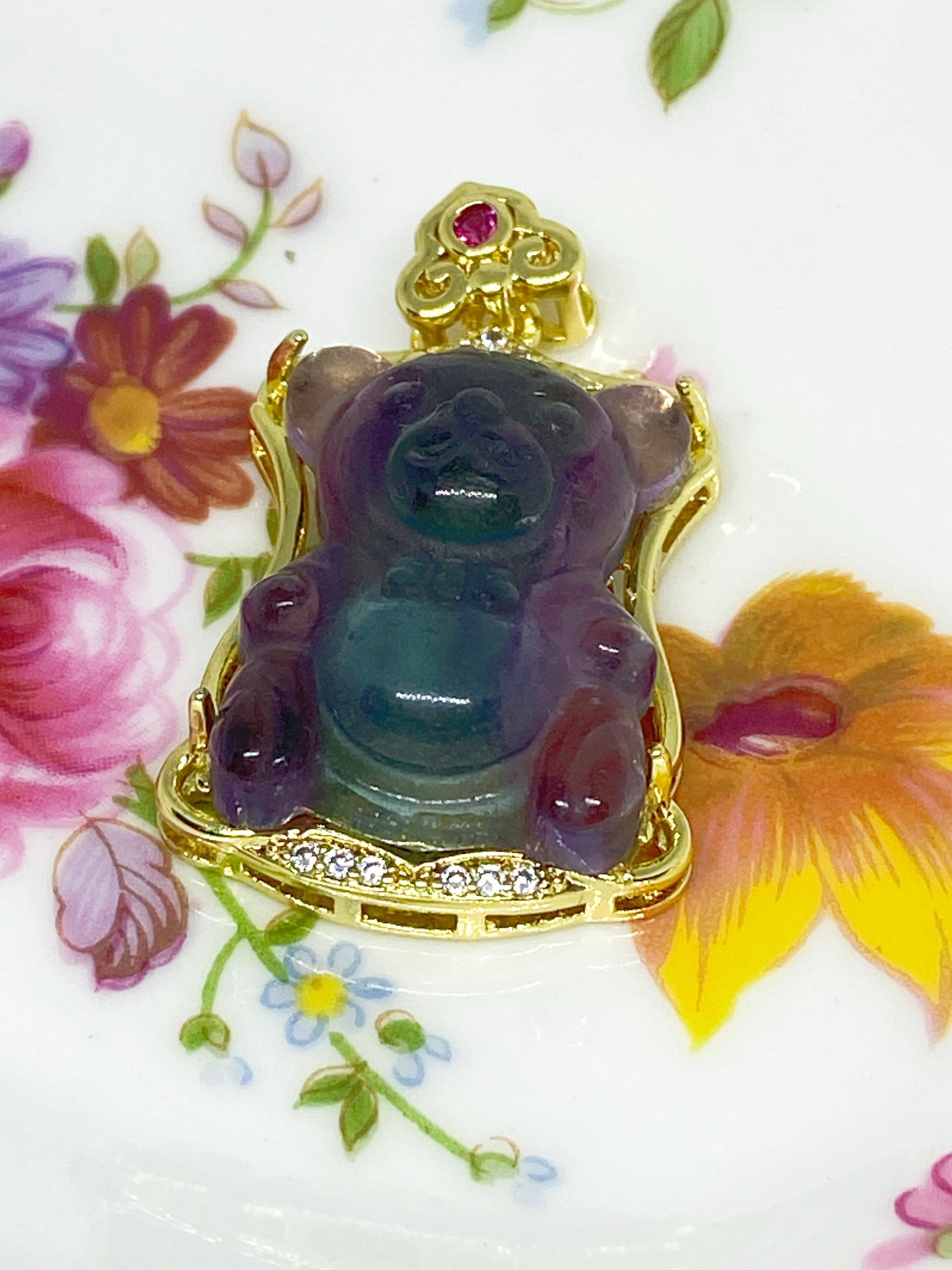 Natural Fluorite Carved Teddy Bear Pendant - 5