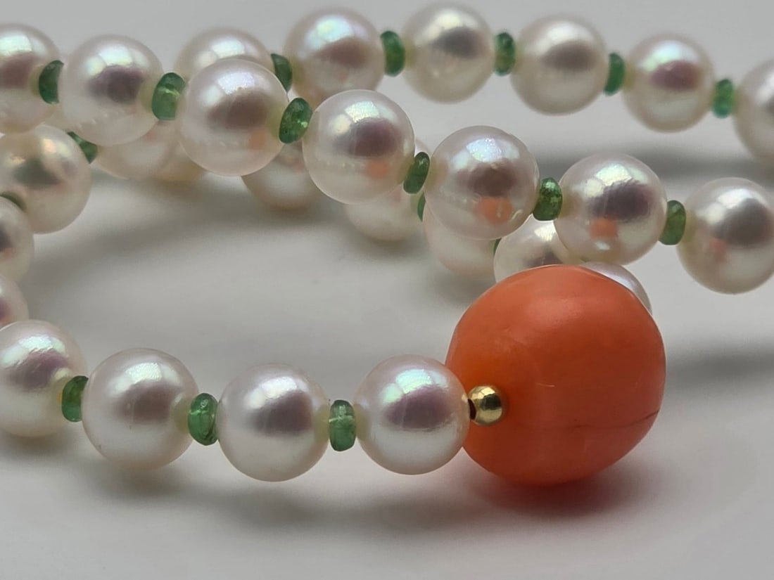 5.5 To 6 Mm Akoya Pearl Necklace With Natural Emerald Spacers, Sciacca Coral Centerpiece With - 5