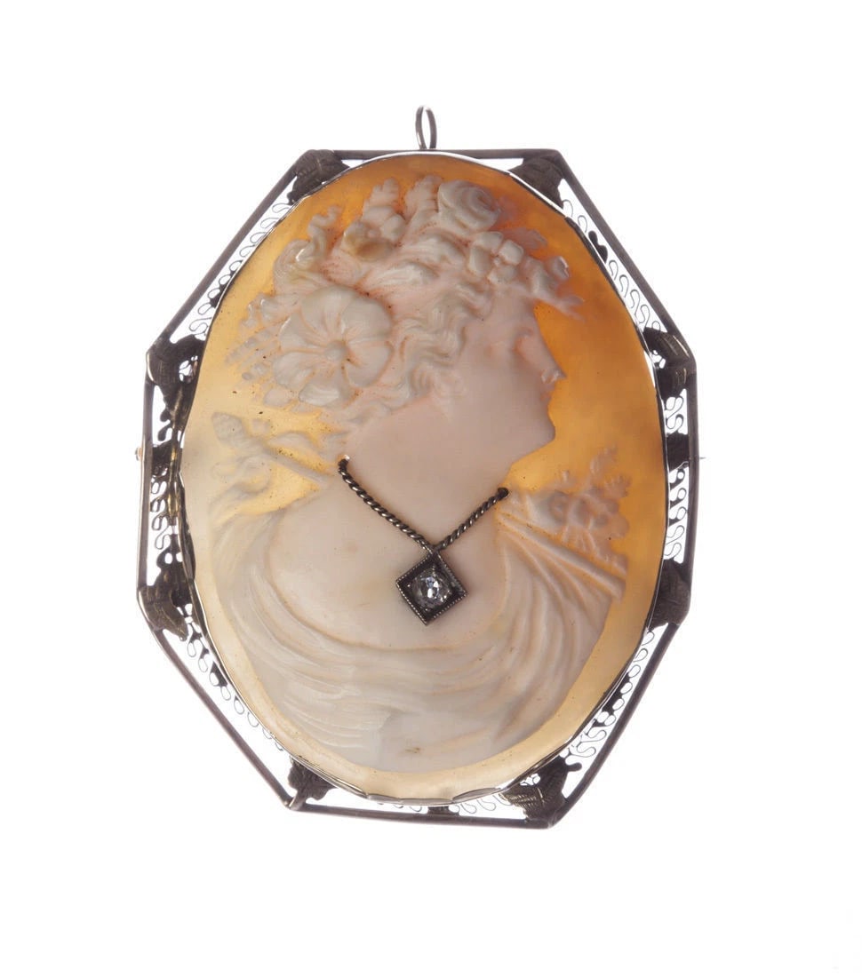 14 Kt White Gold Filigree Diamond Shell Cameo Pendant/Brooch - 2