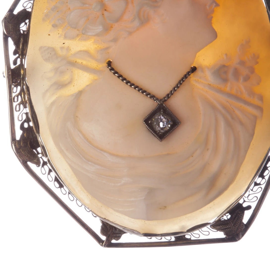 14 Kt White Gold Filigree Diamond Shell Cameo Pendant/Brooch - 3