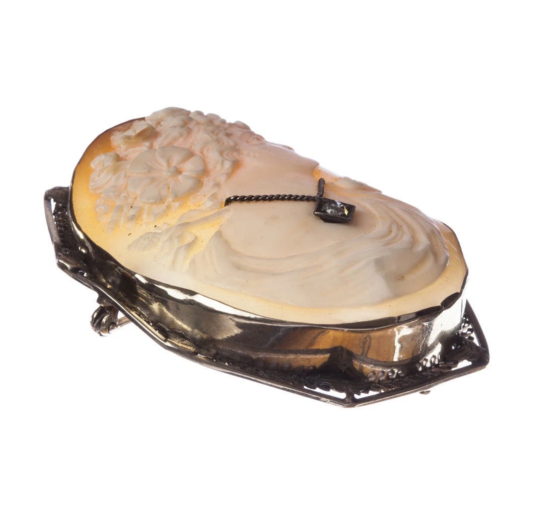 14 Kt White Gold Filigree Diamond Shell Cameo Pendant/Brooch - 4
