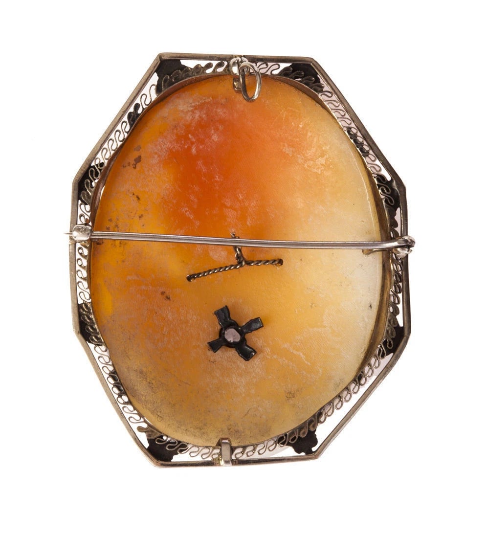 14 Kt White Gold Filigree Diamond Shell Cameo Pendant/Brooch - 5