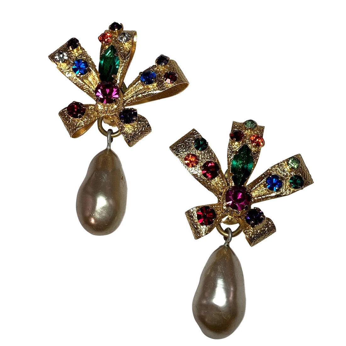 Haute Couture Gold Bow Rhinestone Simulated Pearl Earrings - 3
