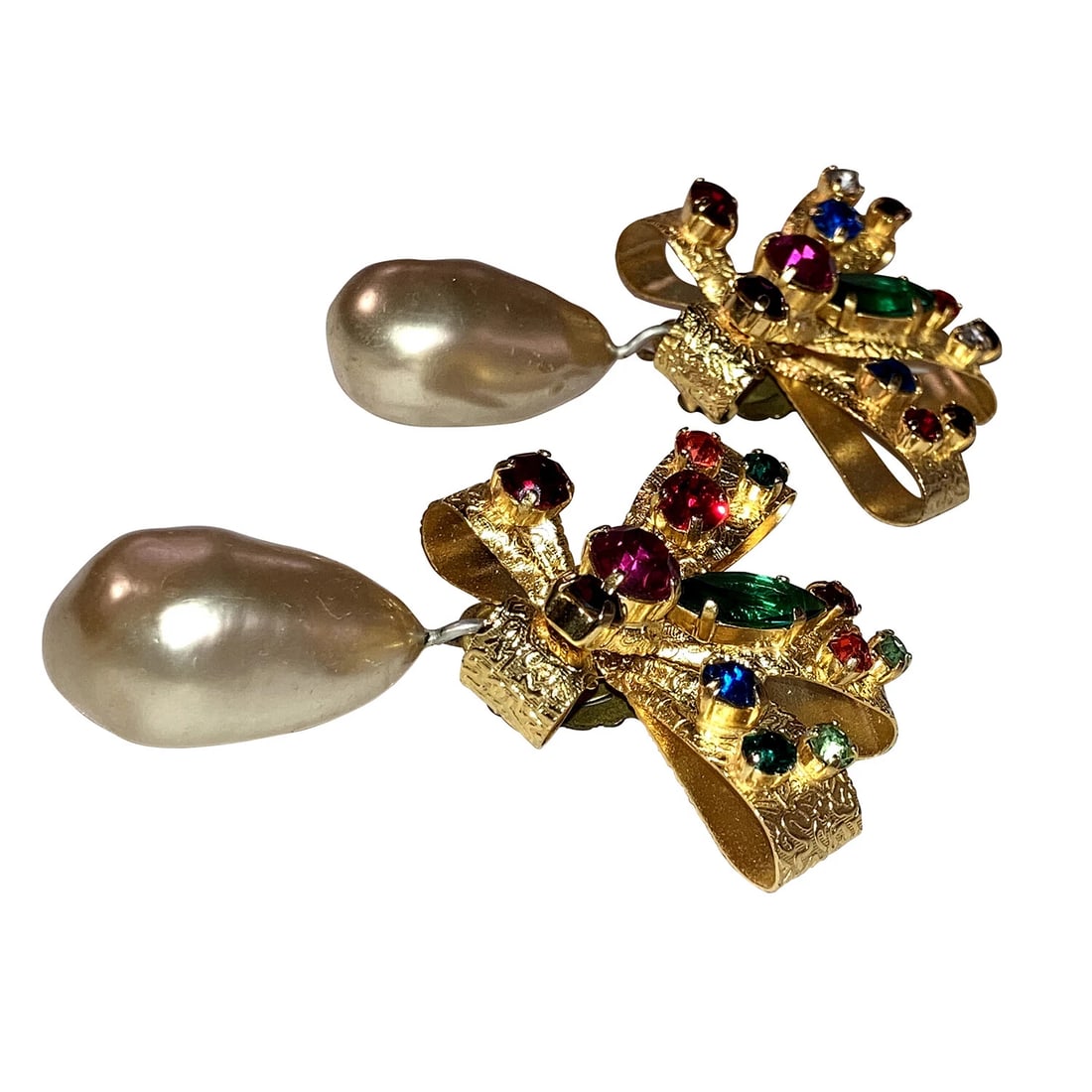 Haute Couture Gold Bow Rhinestone Simulated Pearl Earrings - 4