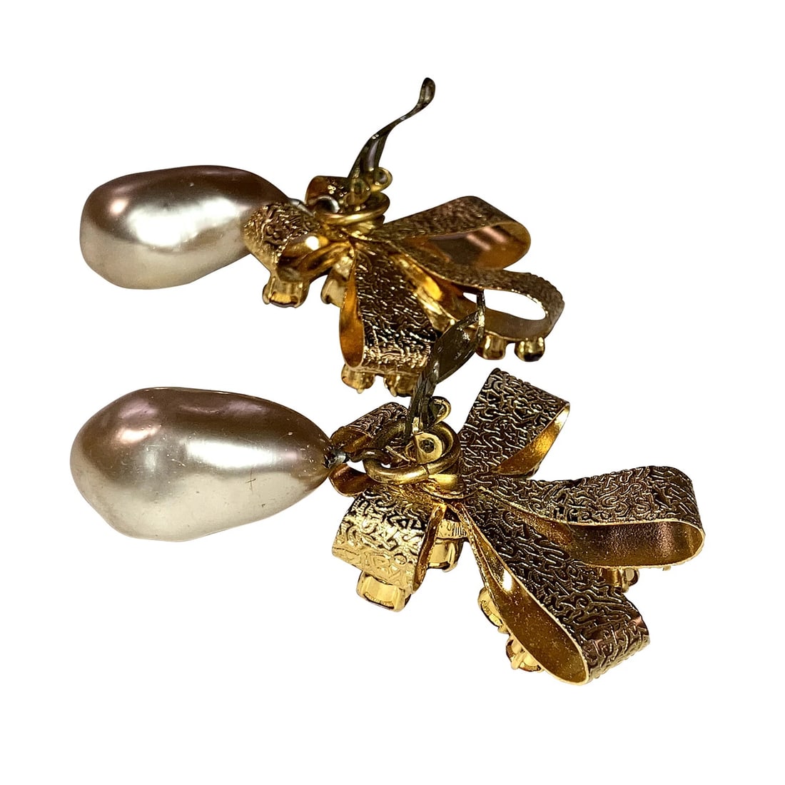 Haute Couture Gold Bow Rhinestone Simulated Pearl Earrings - 5