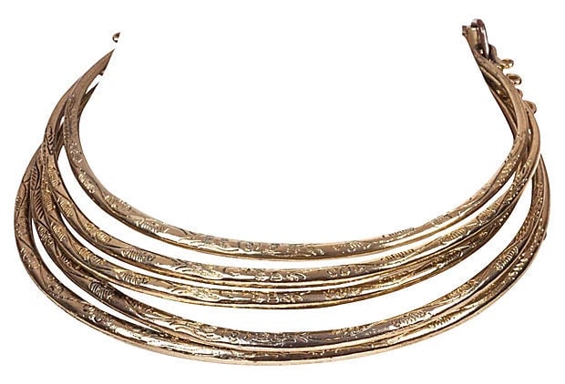 Miao-Inspired Gold Plated Costume Necklace: Title:Miao-Inspired Gold Plated Costume Necklace Description:1970's white metal necklace in the style of traditional Miao tribal jewelry. Interior, 4.5" x 4.5"; back opening, 3.25"W. Closes with a