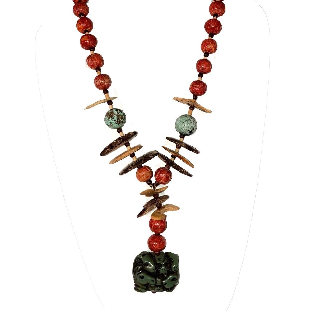 Coral Turquoise Bead Coconut Resin Turquoise Cast Netsuke Silver Button Necklace - 2