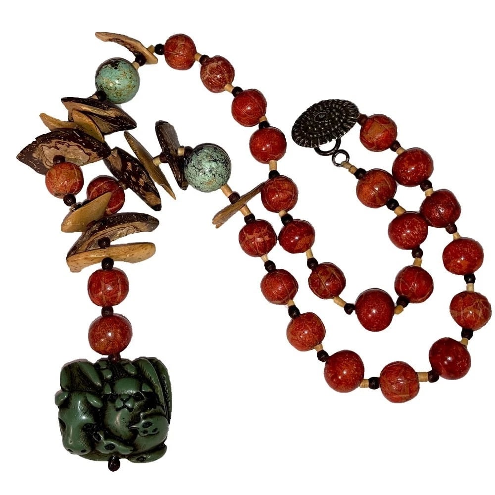 Coral Turquoise Bead Coconut Resin Turquoise Cast Netsuke Silver Button Necklace - 4