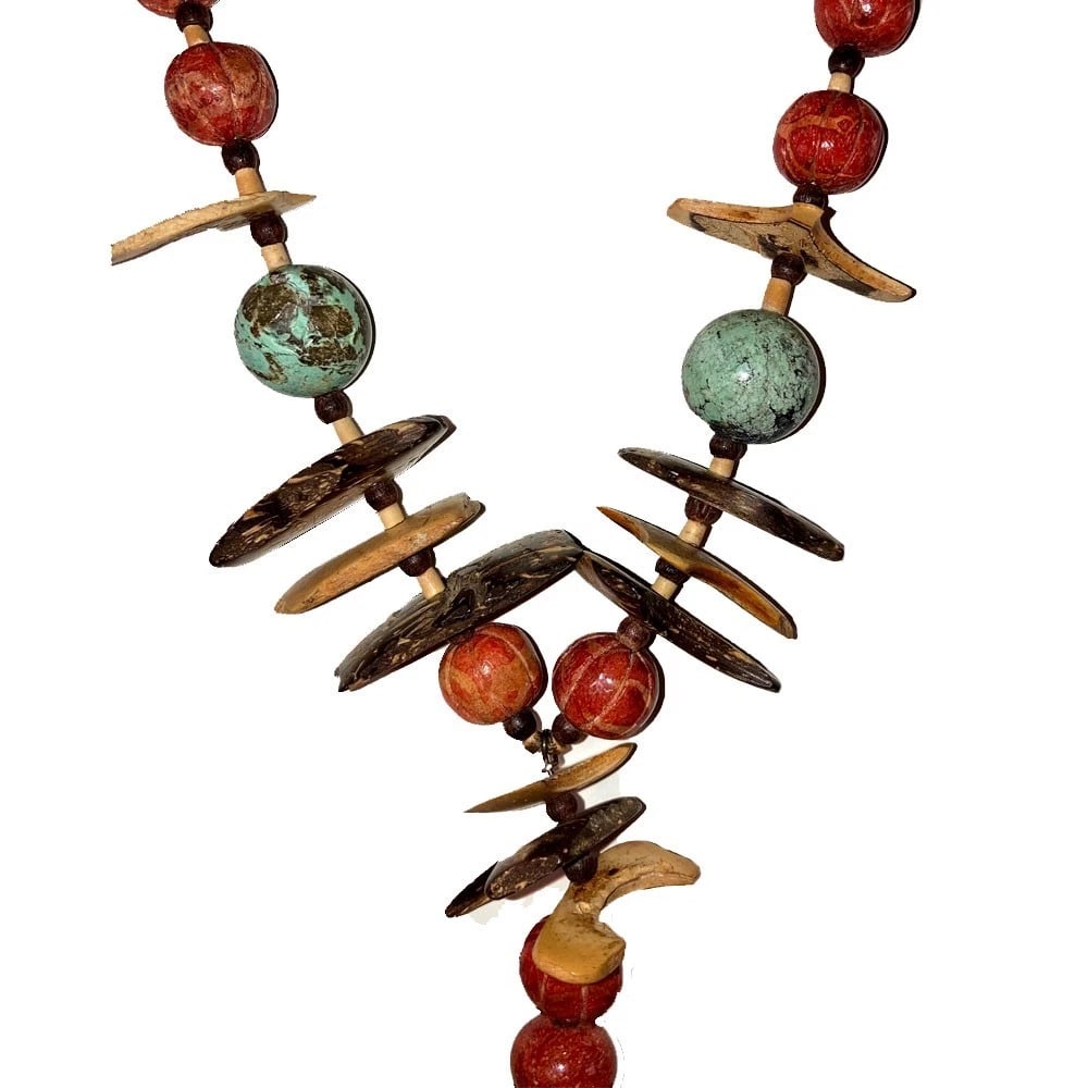 Coral Turquoise Bead Coconut Resin Turquoise Cast Netsuke Silver Button Necklace - 5