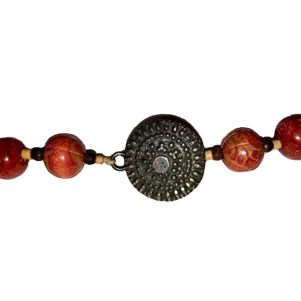 Coral Turquoise Bead Coconut Resin Turquoise Cast Netsuke Silver Button Necklace - 7