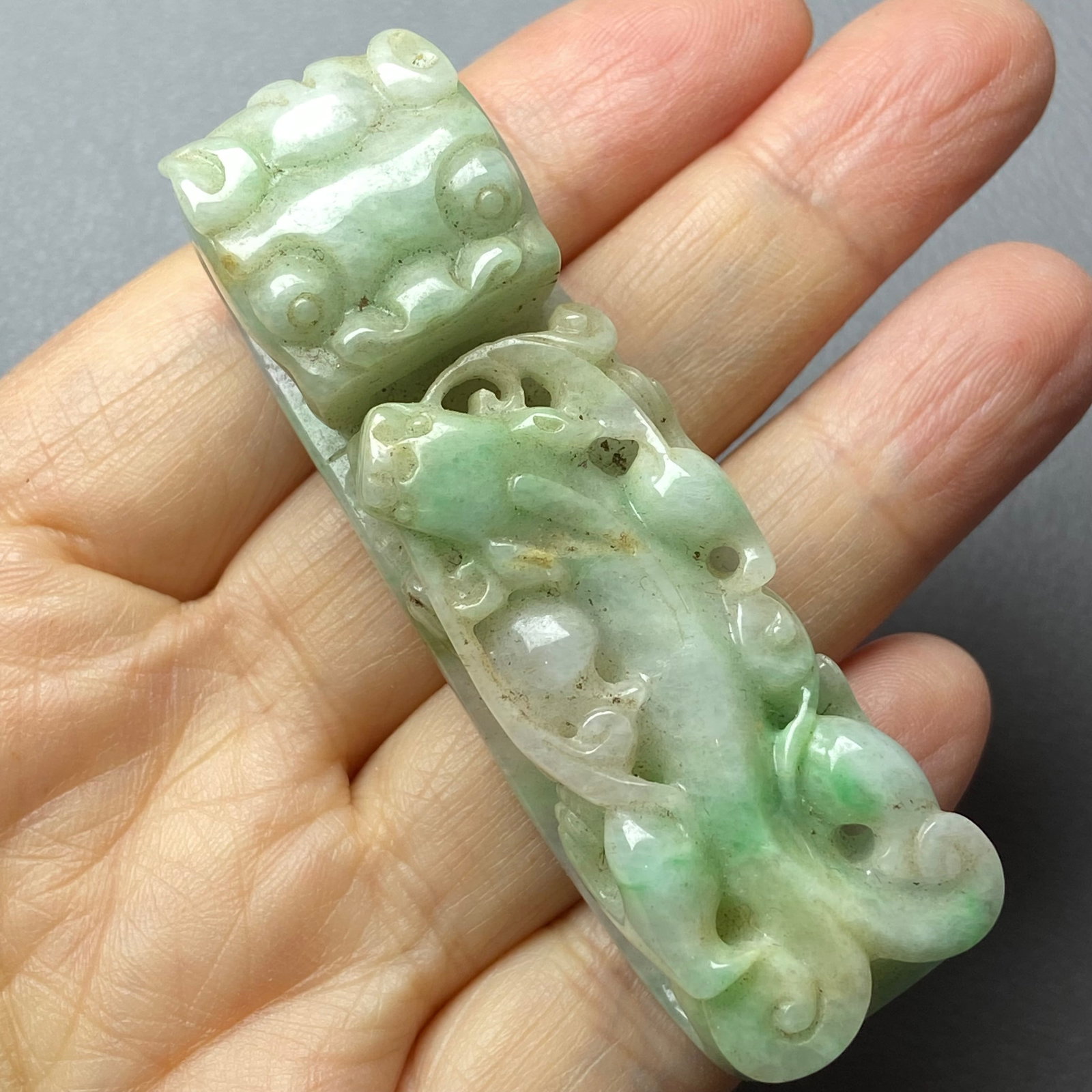 Antique Chinese Apple Green Jadeite Jade Dragon Belt Hook - 16