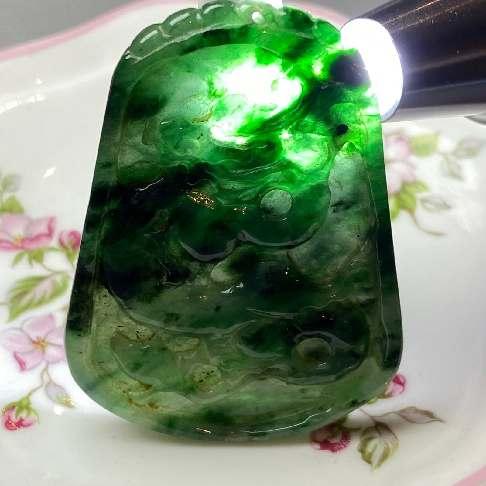 Antique Chinese Natural Dark Green Jadeite Jade Pendant Carved Ancient Dragon - 12
