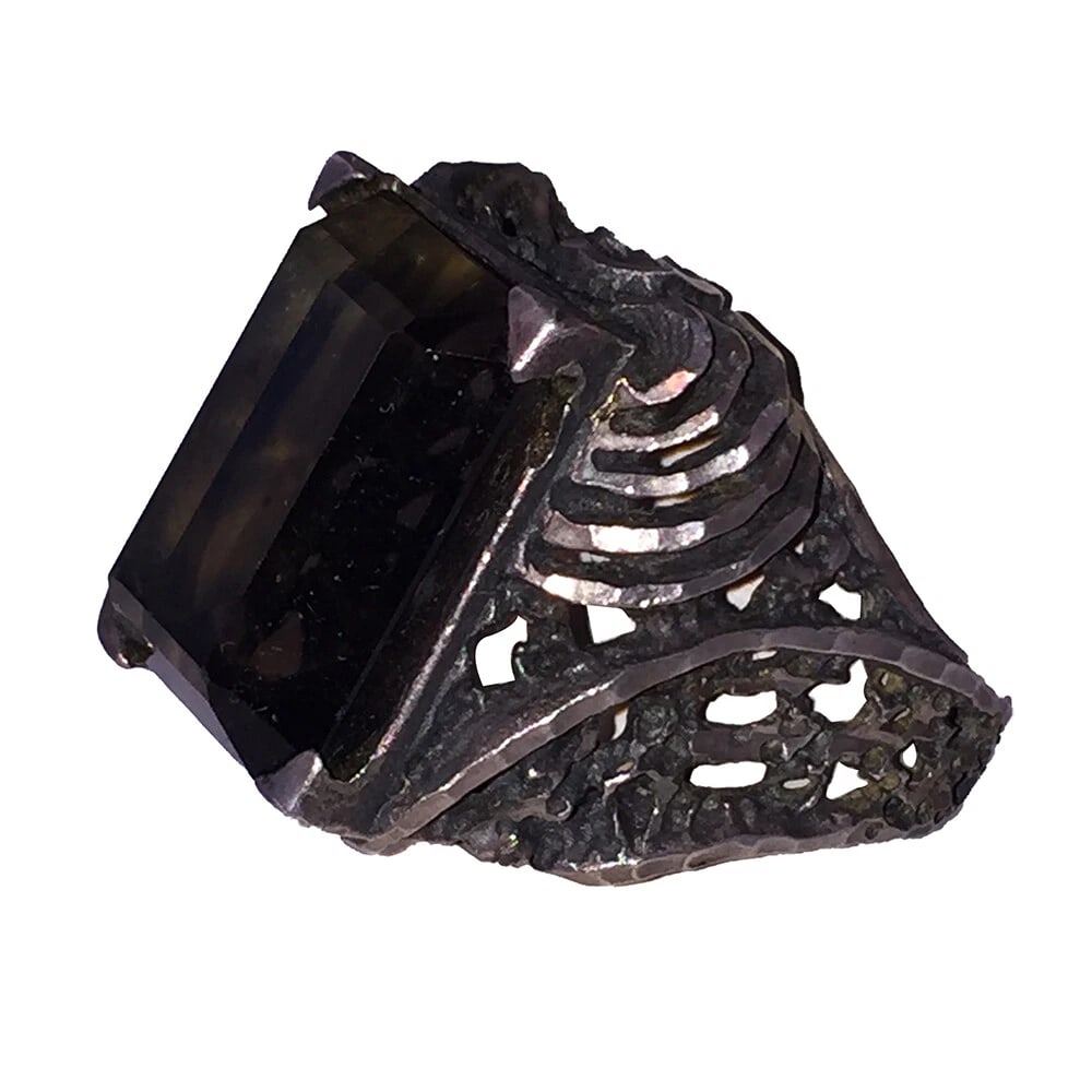 Handmade Sterling Silver Emerald Cut Smoky Topaz Quartz Cocktail Ring - 3