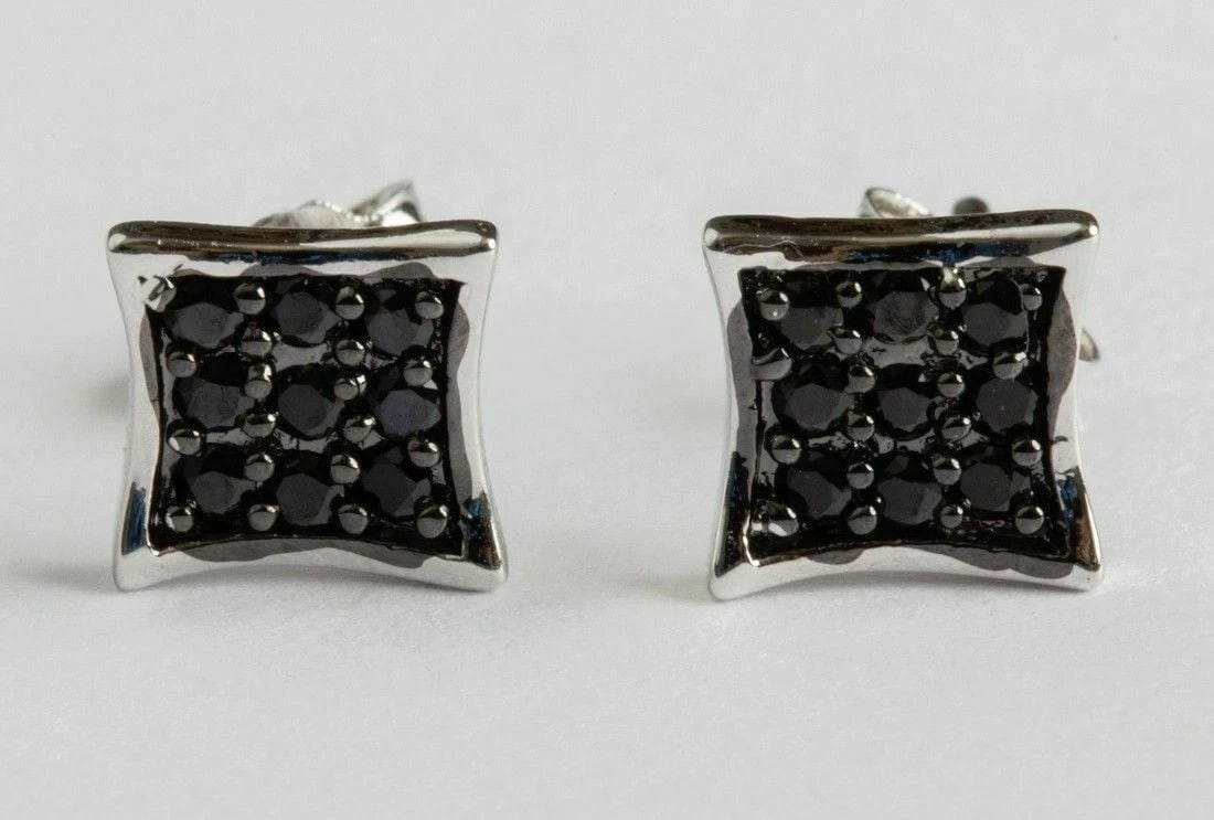 Black Cubic Zirconia Pave Square Stud Earrings: Title:Black Cubic Zirconia Pave Square Stud Earrings Description:Elegant and fashionable. Dead stock vintage. Circa 1980’s. A pair of sterling silver earrings with black cubic zirconia. The earring
