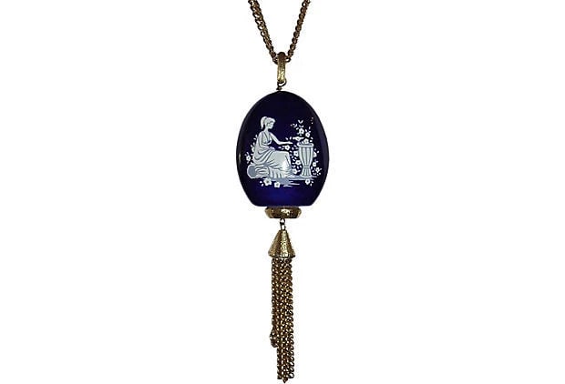 Lanvin Blue Porcelain Tassel Necklace: Title:Lanvin Blue Porcelain Tassel Necklace Description:1970s Lanvin monogrammed blue porcelain tassel necklace. Closes with barrel clasp. Unmarked. Dimensions: 33" L x 1.5" W x 5.5" H Reserve: