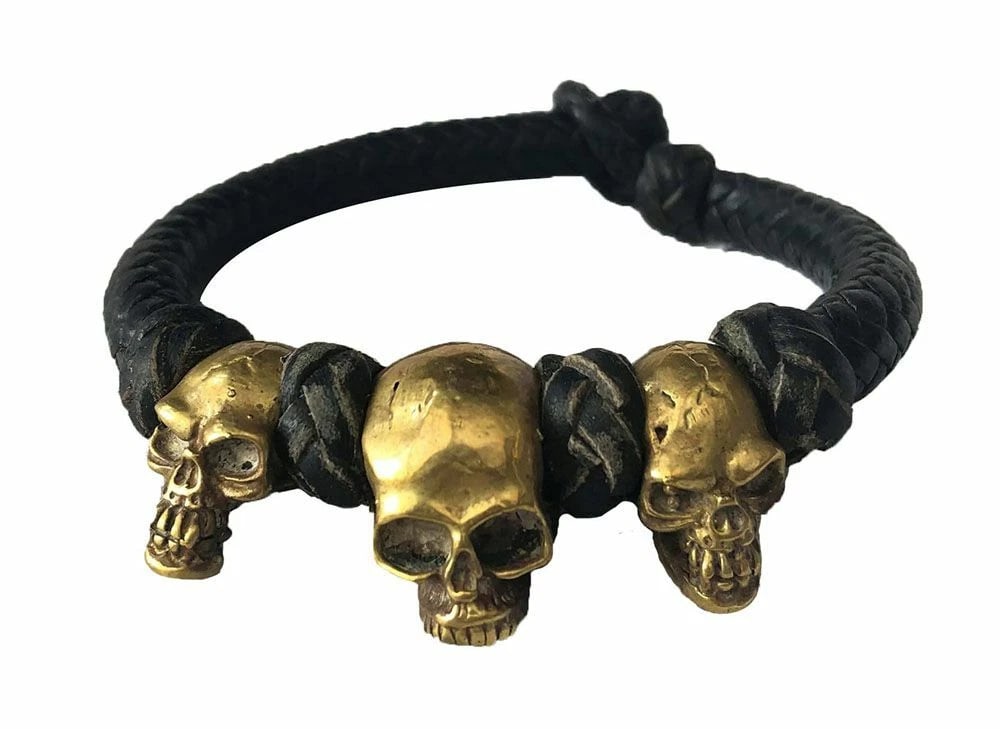 Pre Owned Artisan Woven Leather Bracelet With Brass Craniums Skulls (1 of 4)