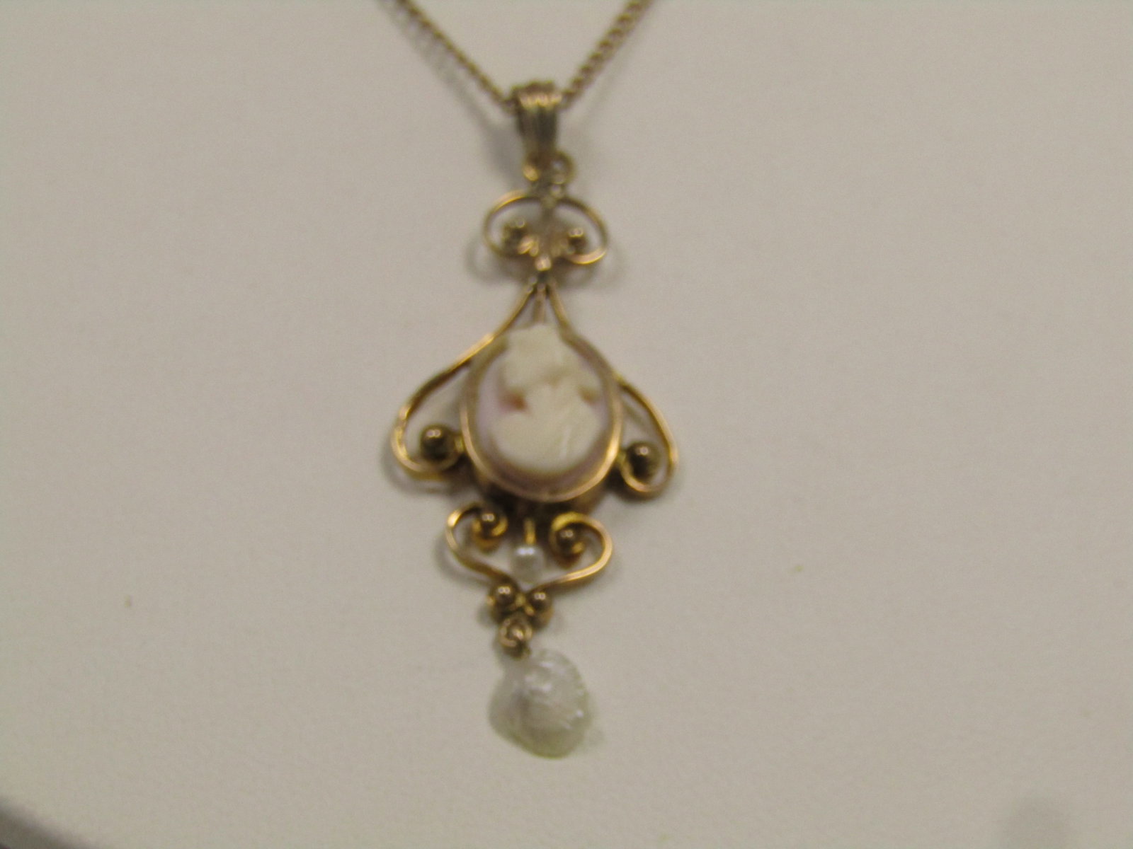 Vintage 10kt Cameo And Pearl Necklace, 18", 1940'S-1950'S - 10