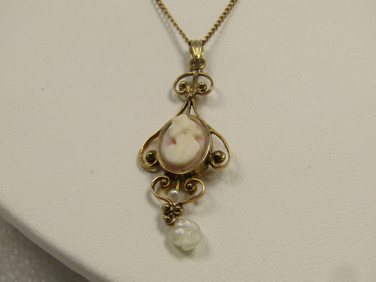 Vintage 10kt Cameo And Pearl Necklace, 18", 1940'S-1950'S - 4