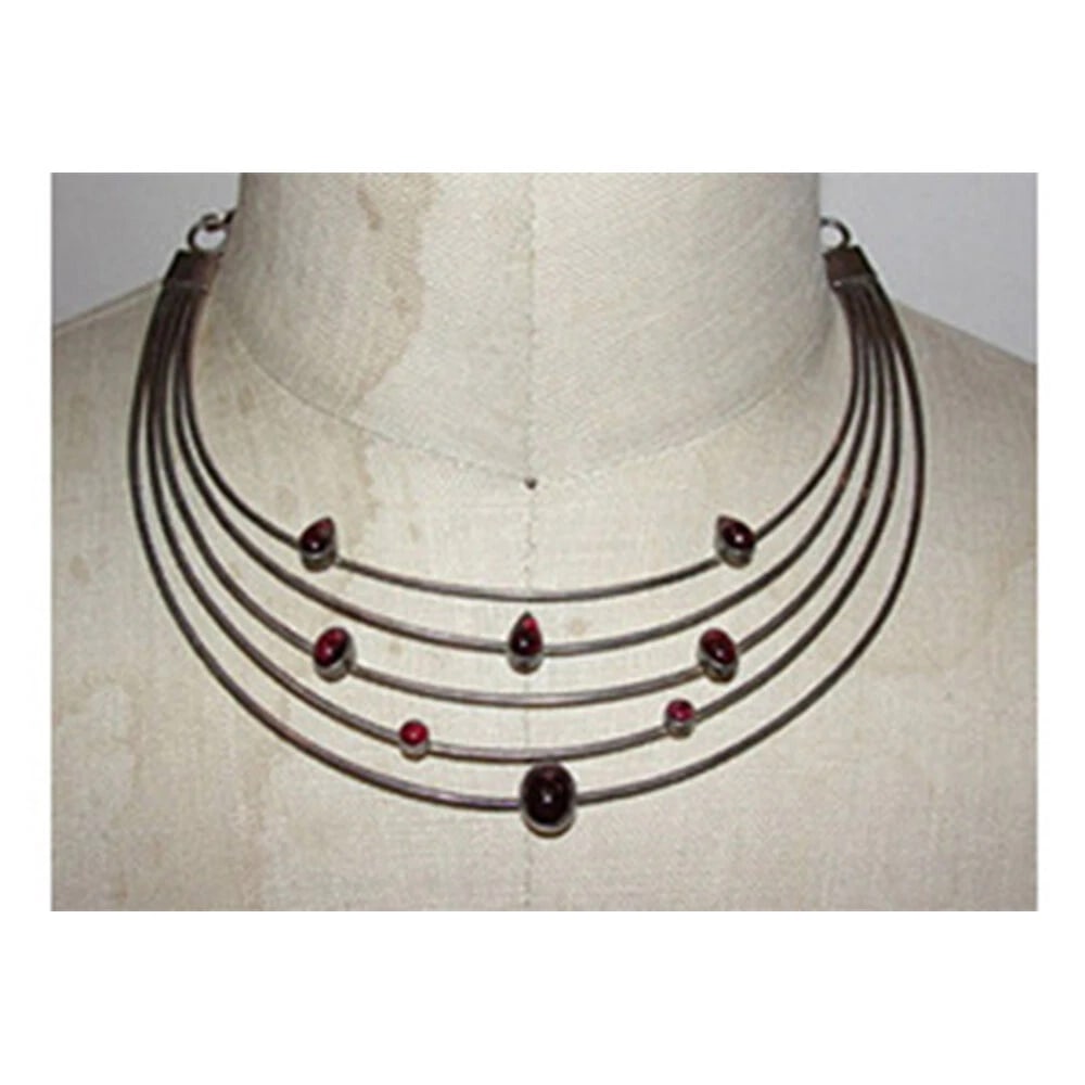 Sterling Silver Red Garnet Cabochon Floating Galaxy Collar Necklace: Title:Sterling Silver Red Garnet Cabochon Floating Galaxy Collar Necklace Description:Gorgeous, unique, and hand made. Circa 1970's. Sterling silver and natural red garnet. Red garnet cabochons in rou